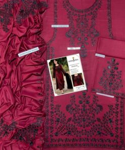 This unstitched suit is a canvas of artistry. The shirt boasts magnificent front heavy embroidery that runs flawlessly down to a meticulously crafted daman heavy embroidered border. The sleeves heavy embroidery adds an extra layer of royal sophistication, allowing your tailor to create a truly majestic silhouette.