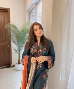 Elegant ladies three piece Dhanak outfit with embroidered shirt design