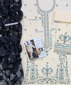 Front heavy embroidered dhanak dress DHK-713 by Abu Hurairah Fabrics 
