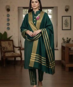 Abu Hurairah Fabrics exclusive Winter Multani Khaadi suit styled gracefully with traditional winter accessories.
