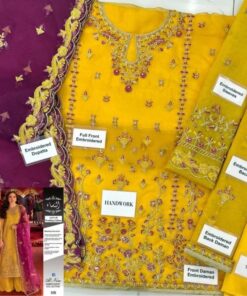 The Asim Jofa AJ-990 Organza Embroidered 3 Piece Suit is a true investment in timeless elegance. With its stunning handwork, luxurious silk trousers, and heavily embroidered daman patches, it is destined to be the crown jewel of your formal collection. Do not miss out on this breathtaking design. Order yours today from Abu Hurairah Fabrics and get ready to turn heads at your next big event!