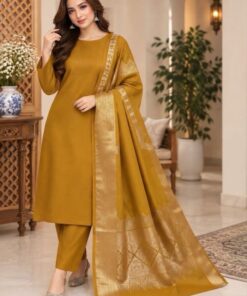 Elegant plain Dhanak unstitched suit paired with a heavy sequence wool shawl for women