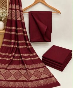 Unstitched 3-piece Dhanak winter dress featuring plain trousers and a warm fancy winter shawl