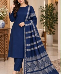 Pure Dhanak 3-piece unstitched winter suit with a fancy wool sequence shawl by Abu Hurairah Fabrics