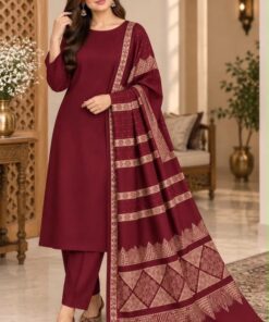 Beautiful winter hit design pure Dhanak plain suit matched with a fancy sequenced woolen shawl