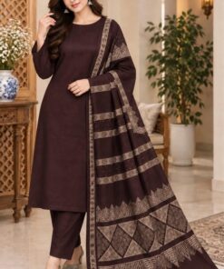 Pakistani unstitched 3-piece winter collection featuring premium Dhanak fabric and a fancy shawl