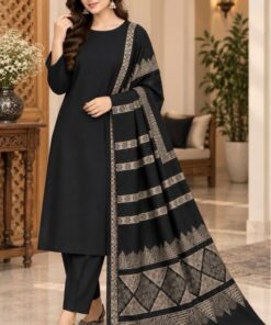 High-quality pure Dhanak 3-piece unstitched Pakistani winter suit with a sequence shawl