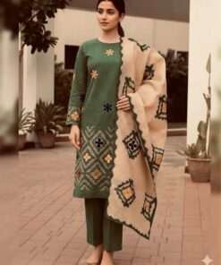 Elegant 3-piece ladies unstitched dress highlighting the warm khaddar fabric for winter styling 