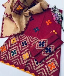 Trendy women's fashion outfit DHK-762 displaying the contrast border patches on the khaddar shirt 