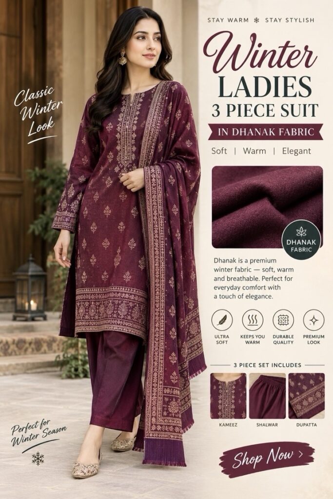 Three-piece women winter embroidered Dhanak suit with premium pashmina shawl by Abu Hurairah Fabrics