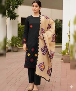 Full flat lay layout of the 3-piece khaddar embroidered winter dress DHK-763 showcasing the warm dupatta 