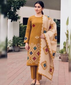 Close-up of intricate neckline embroidery on the unstitched khaddar winter shirt for women 