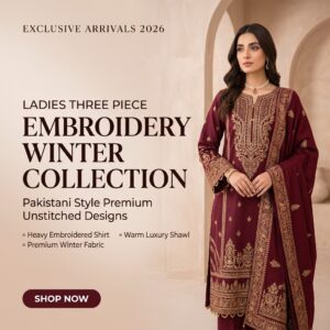 Elegant woman wearing Abu Hurairah Fabrics premium winter 3 piece khaddar suit in Pakistan