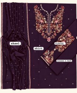 Close up of embroidered dhanak shawl for Batik DHK-735 luxury winter suit Pakistani sale. 