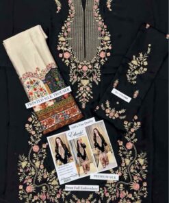 Bring out the full potential of this unstitched premium suit by accessorizing thoughtfully. Pair it with an antique gold choker or heavy traditional earrings. Opt for stylish block heels or embellished traditional footwear. Since the shirt features rich, heavy embroidery, style your hair in a neat bun or sleek straight look to let the intricate front and embroidered sleeves remain the focal point of your attire.