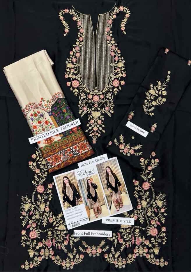 Bring out the full potential of this unstitched premium suit by accessorizing thoughtfully. Pair it with an antique gold choker or heavy traditional earrings. Opt for stylish block heels or embellished traditional footwear. Since the shirt features rich, heavy embroidery, style your hair in a neat bun or sleek straight look to let the intricate front and embroidered sleeves remain the focal point of your attire.