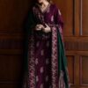 Woman modeling the Batik DHK-759 pure Dhanak heavy embroidered winter dress with 4-border shawl by Abu Hurairah Fabrics