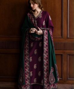 Woman modeling the Batik DHK-759 pure Dhanak heavy embroidered winter dress with 4-border shawl by Abu Hurairah Fabrics