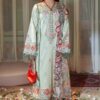 Pakistani model showcasing the Jade DHK-760 pure Dhanak winter suit with heavy embroidery and a Pashmina wool shawl by Abu Hurairah Fabrics.