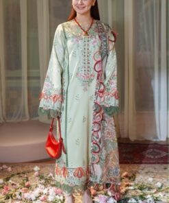 Pakistani model showcasing the Jade DHK-760 pure Dhanak winter suit with heavy embroidery and a Pashmina wool shawl by Abu Hurairah Fabrics.