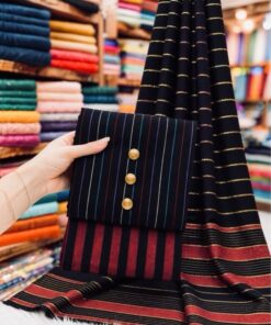 Close-up on the selvages and raw unstitched borders of PR-141, displaying its rich navy and gold check style lining on a traditional woven mat.