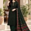 An aesthetic unstitched 3-piece layout of winter suit PR-145 by Abu Hurairah Fabrics, draped with care on a vintage bench, featuring a check style in olive green and vintage red with coarse handloom edges.
