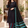 Artistic display of the PR-143 unstitched Multani Khaadi Susi suit, with the textured check pattern dupatta draped over the folded shirt and trouser fabrics next to a handmade clay pot.