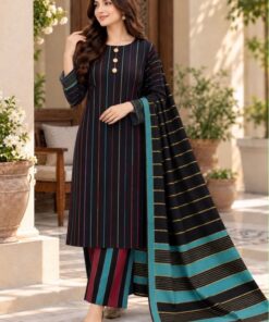 Artistic display of the PR-143 unstitched Multani Khaadi Susi suit, with the textured check pattern dupatta draped over the folded shirt and trouser fabrics next to a handmade clay pot.
