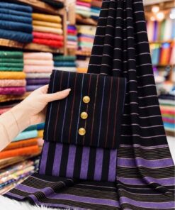 A natural flat-lay of unstitched suit PR-145 by Abu Hurairah Fabrics on a handcrafted textile loom background, highlighting its check patterns and the coarse, warm winter weave.