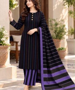 Premium close-up photo of the soft, densely woven Multani Khaadi Susi dupatta of suit PR-144, showcasing its characteristic striped border and textured, earthy unstitched fall.
