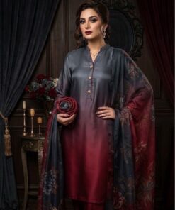 Beautiful digital printed silk dupatta draped over the Ethnic NT-1036 3 piece unstitched dress 