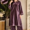 Elegant unstitched velvet shirt paired with plain matching trousers for winter dawats